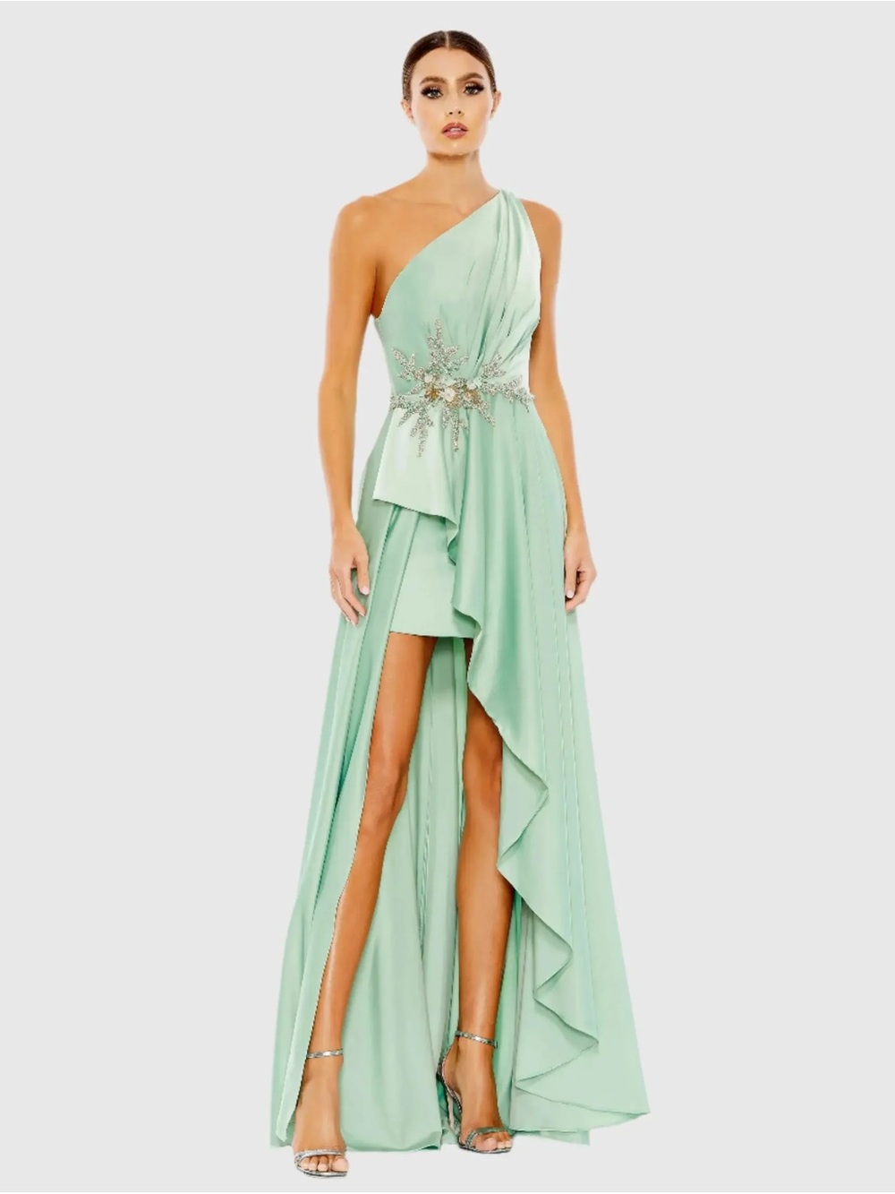 Mac Duggal One-Shoulder Mint Green High-Low Evening Gown